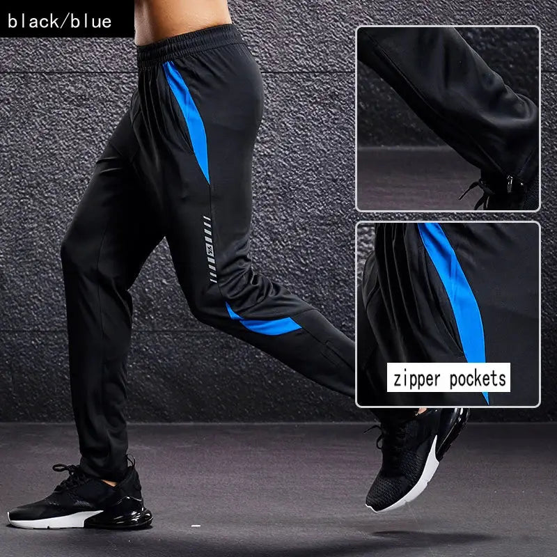 Men's sport pants with blue side panels and zip pockets, black joggers for running and training