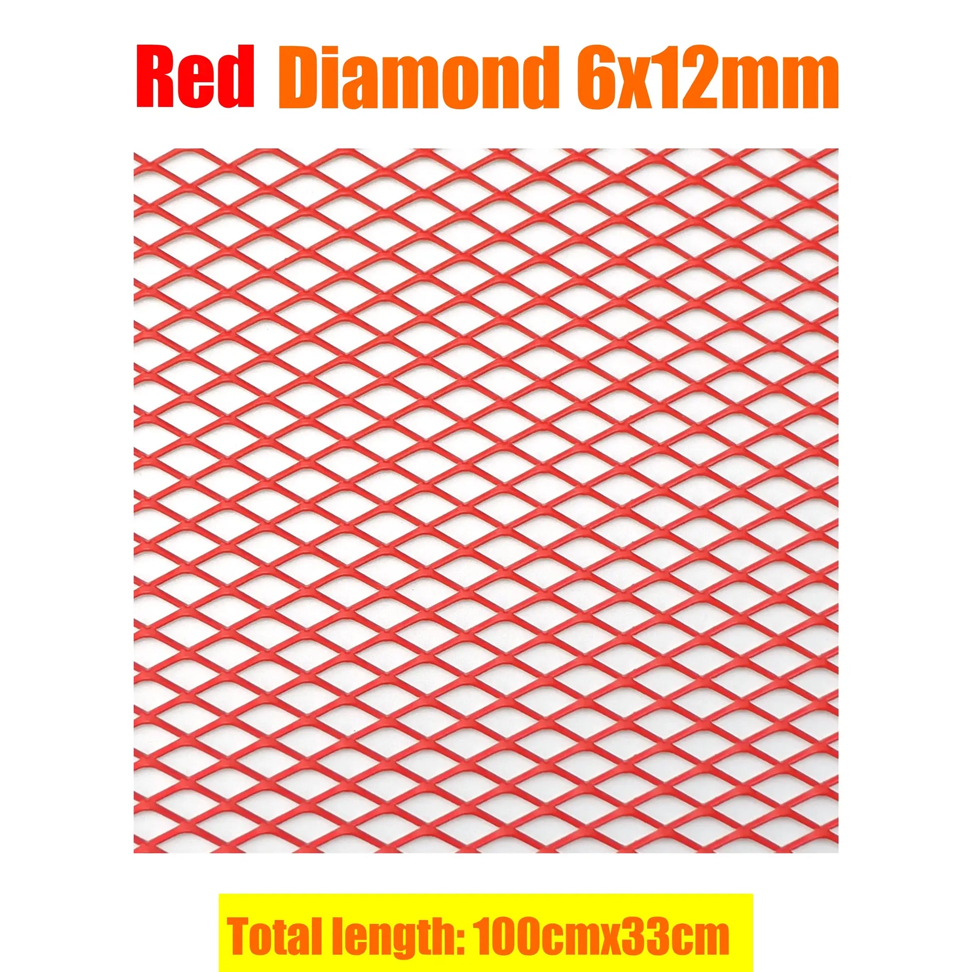 Red diamond mesh bumper grille for cars, 100x33cm, aluminium racing vent grill