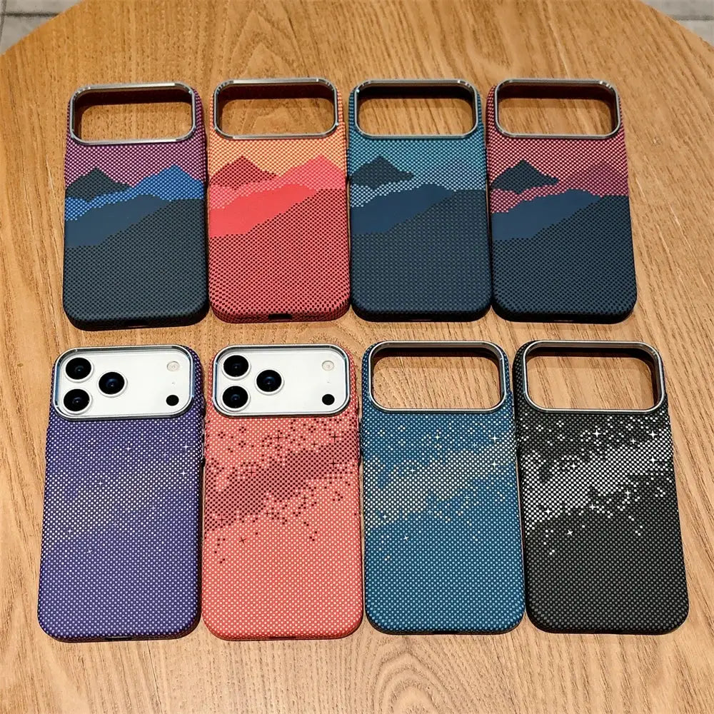 Kelvar carbon fiber iPhone 17 case by Simples Market, set of eight in colorful patterns with magnetic wireless charging