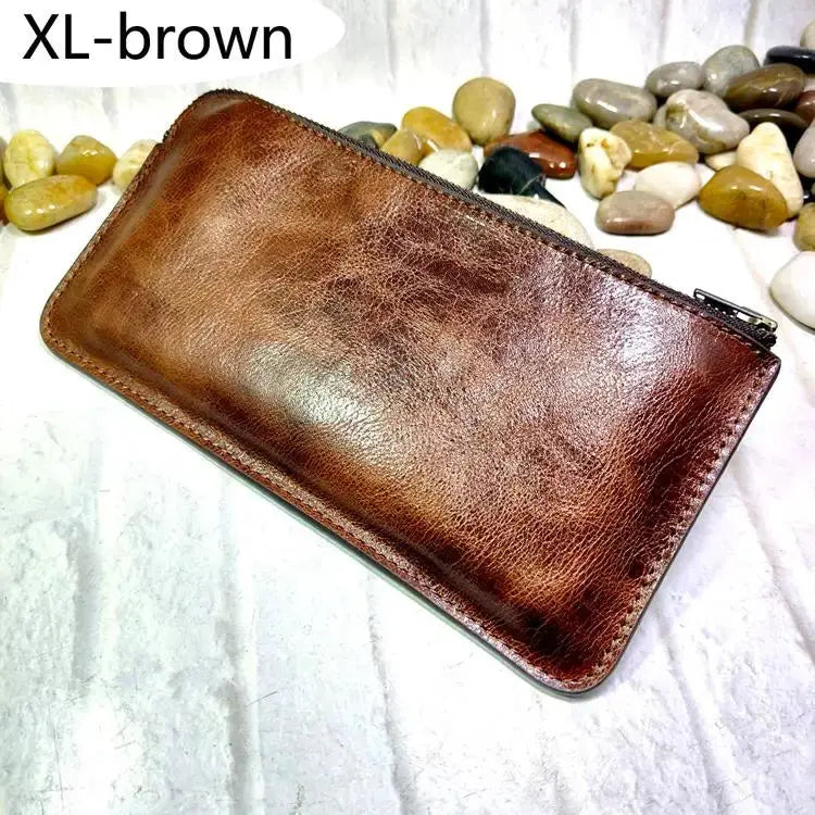 Brown leather zippered wallet belt bag with slim rectangular design