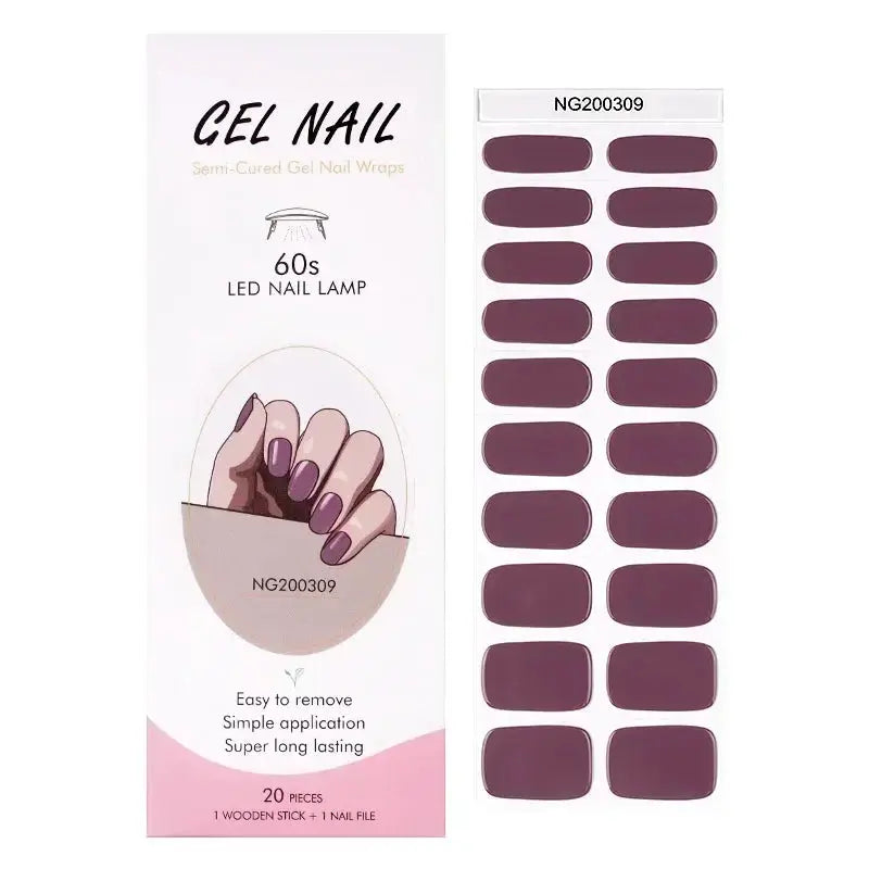 Simples Market gel nail wraps, 20 full-cover semi-cured plum mauve stickers; includes wooden stick and nail file.