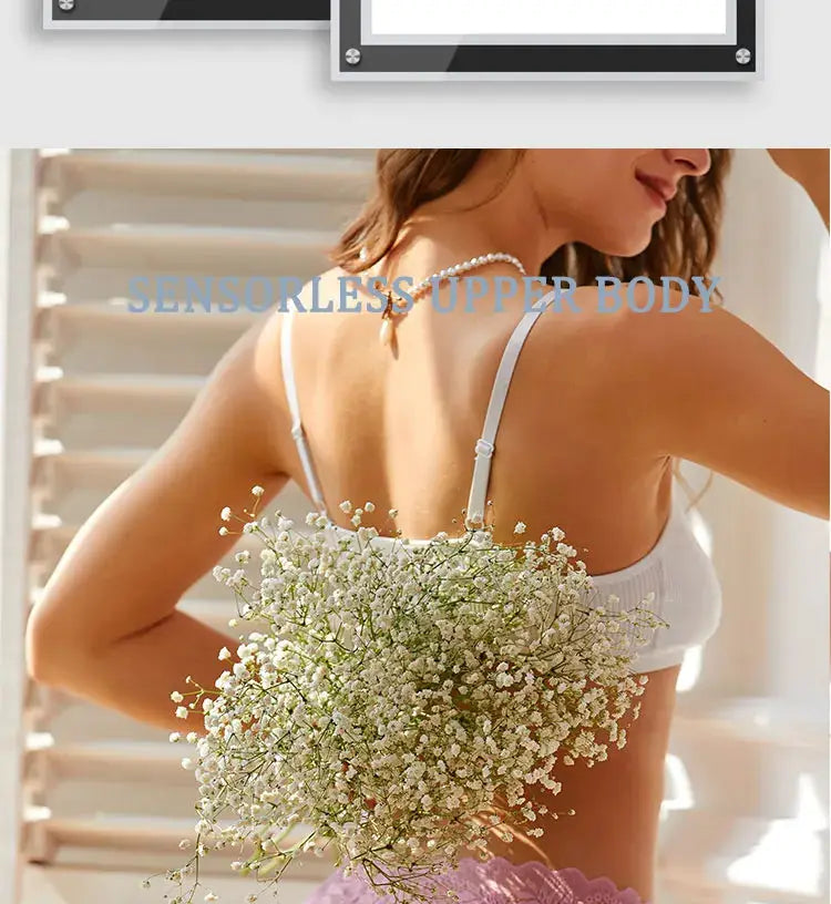Women's white lace bra, back view with floral-edged trim, woman holding bouquet of white flowers.
