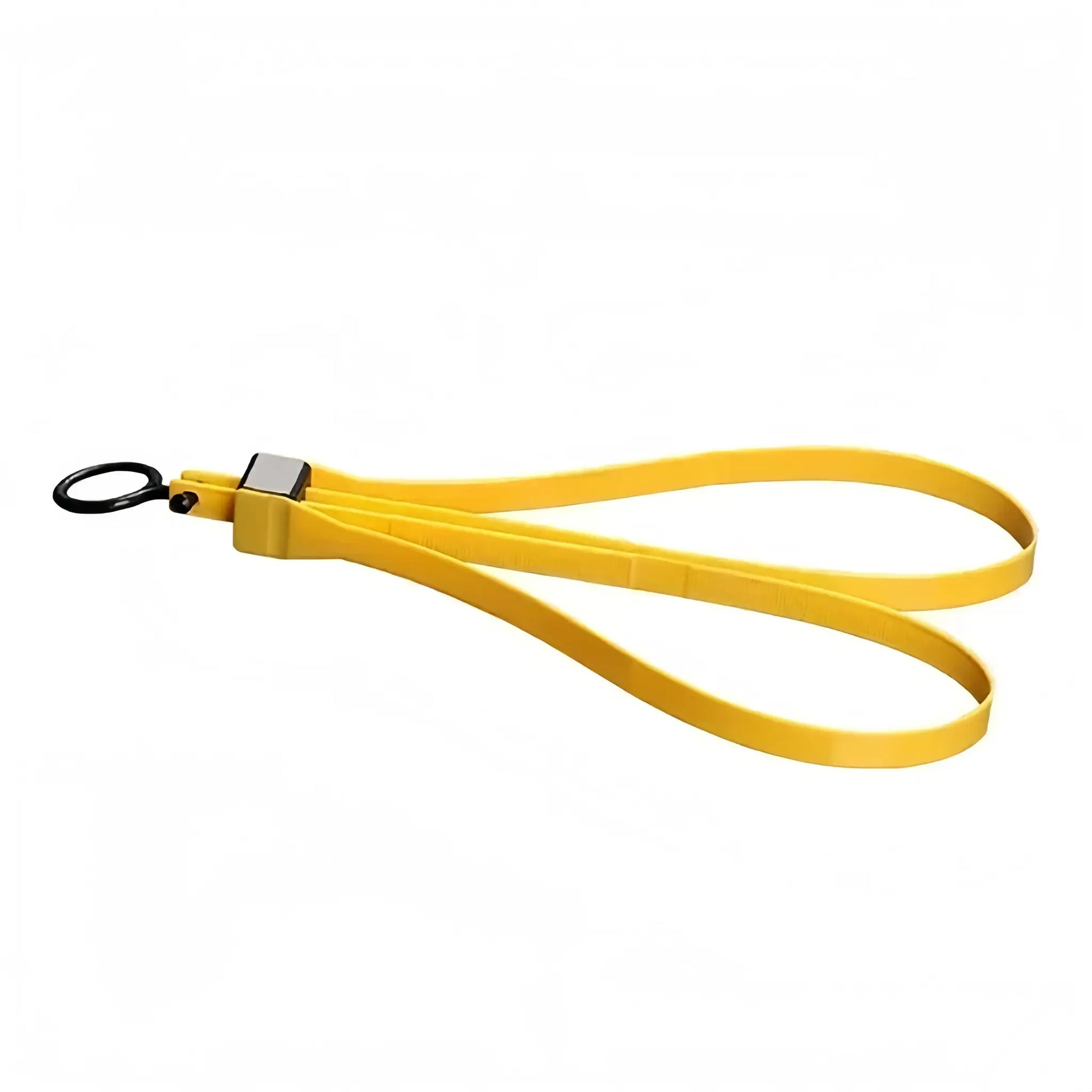 Disposable handcuff strap, yellow plastic with black ring and buckle