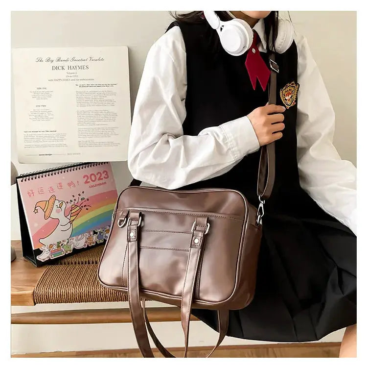 Japanese Style JK Bag brown PU leather shoulder bag with dual top handles