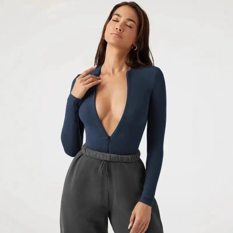 Simples Market women's knit jumpsuit with plunging zipper front in navy, long sleeves