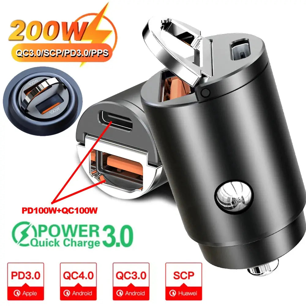 Mini 200W PD QC Pull Ring USB C Car Charger Fast Charging For iPhone 13 And 12 Xiaomi Samsung Huawei