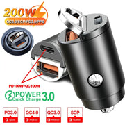 Mini 200W PD QC Pull Ring USB C Car Charger Fast Charging For iPhone 13 And 12 Xiaomi Samsung Huawei