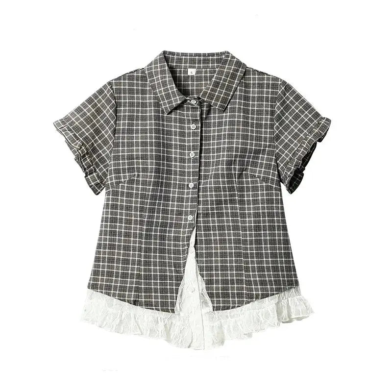 Lace patchwork plaid shirt for women by Simples Market, gray plaid with white lace hem and short sleeves