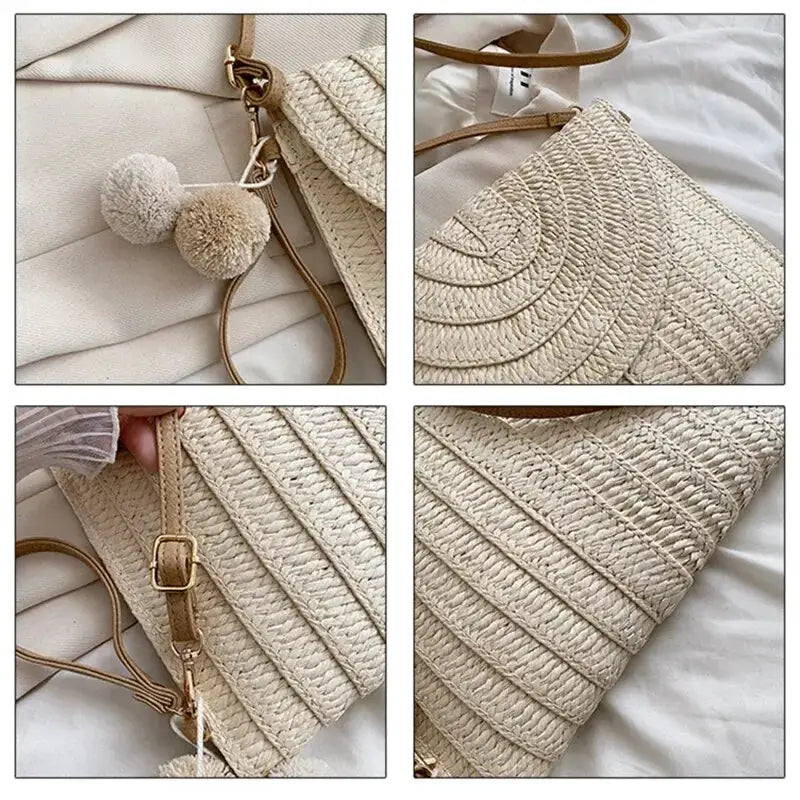 Handmade straw beach crossbody bag by Simples Market; natural beige woven envelope style with strap and pom-pom charm