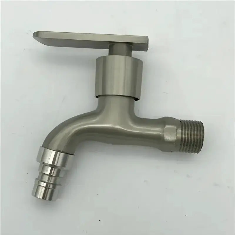 Stainless steel dual-outlet faucet with lever handle and threaded outlet for bathroom installation.