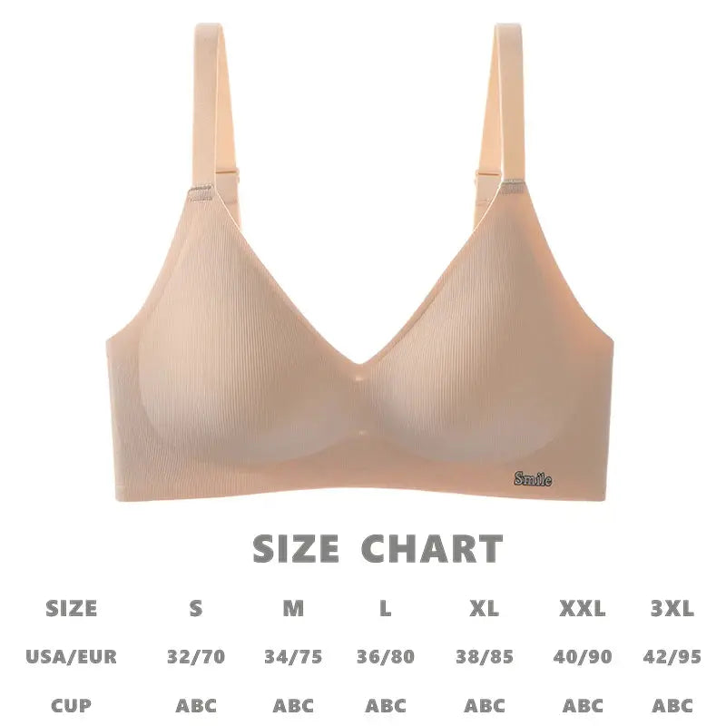 Latex cup bra by Simples Market, nude color, soft skin-friendly close-fitting design; size chart visible