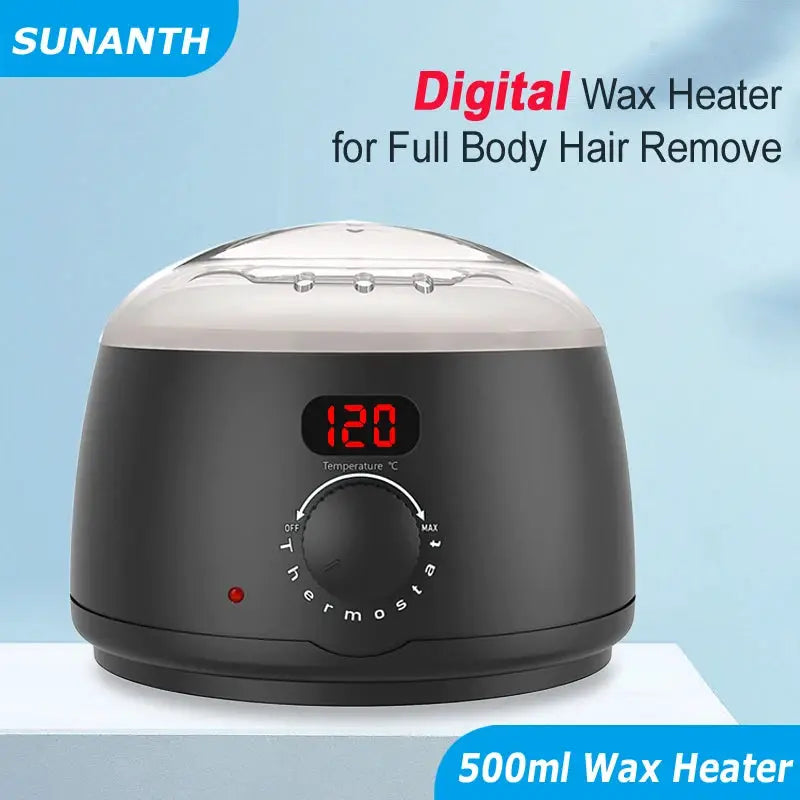 500ml wax heater with digital temperature display and control knob, Sunanth branded black wax warmer with clear lid.