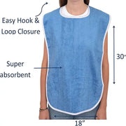Waterproof adult bib apron by Simples Market in blue with hook-and-loop closure.