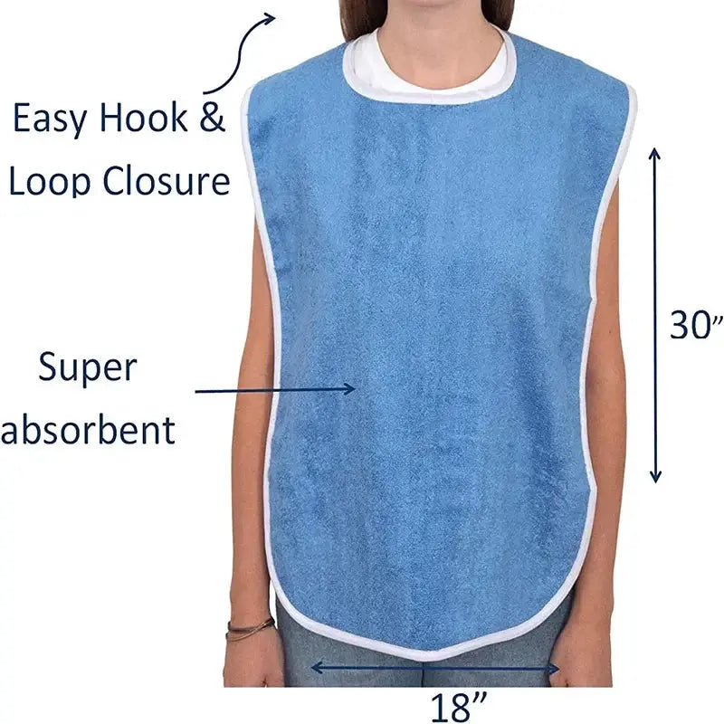 Waterproof adult bib apron by Simples Market in blue with hook-and-loop closure.
