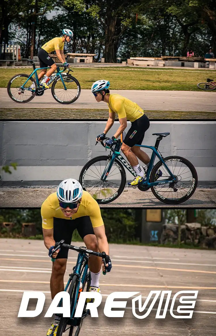 DAREVIE cycling jersey on three cyclists in yellow, riding turquoise road bikes; prominent DAREVIE branding.