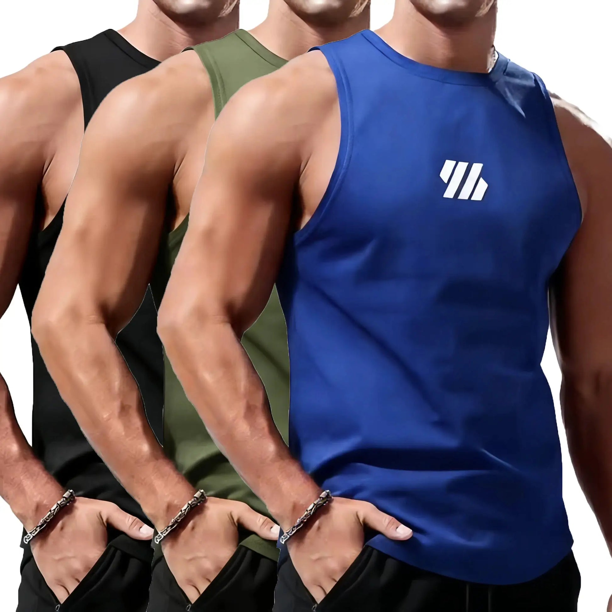 Men's quick-dry sport tank tops set of three in black, olive, and blue with Simples Market logo
