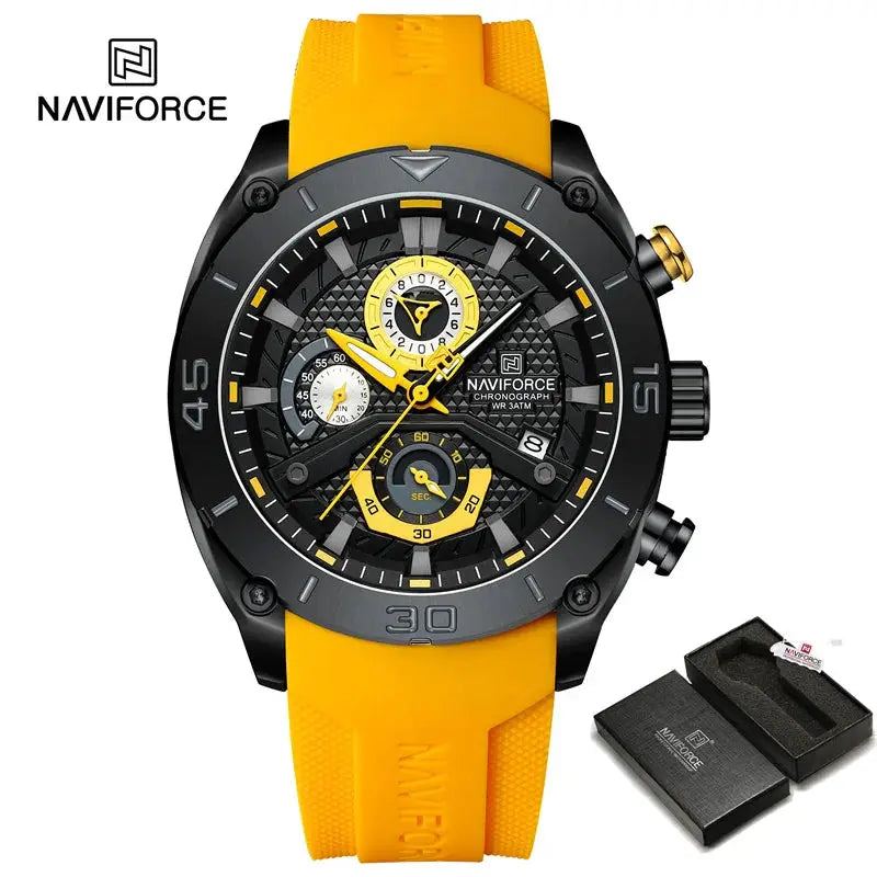 NAVIFORCE men's chronograph sport watch with yellow strap, black case, date window, and luminous hands