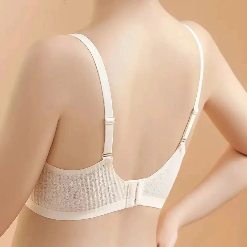 White lace seamless bra with adjustable straps and wide back band, back view