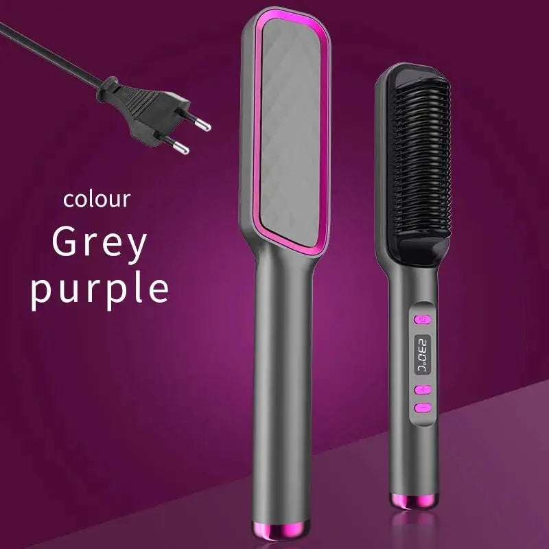 Electric hot comb set in grey-purple by Simples Market, 2-piece multifunction straightening brush with digital display