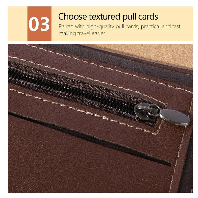 Men's vintage brown leather wallet with zip pocket and visible stitching