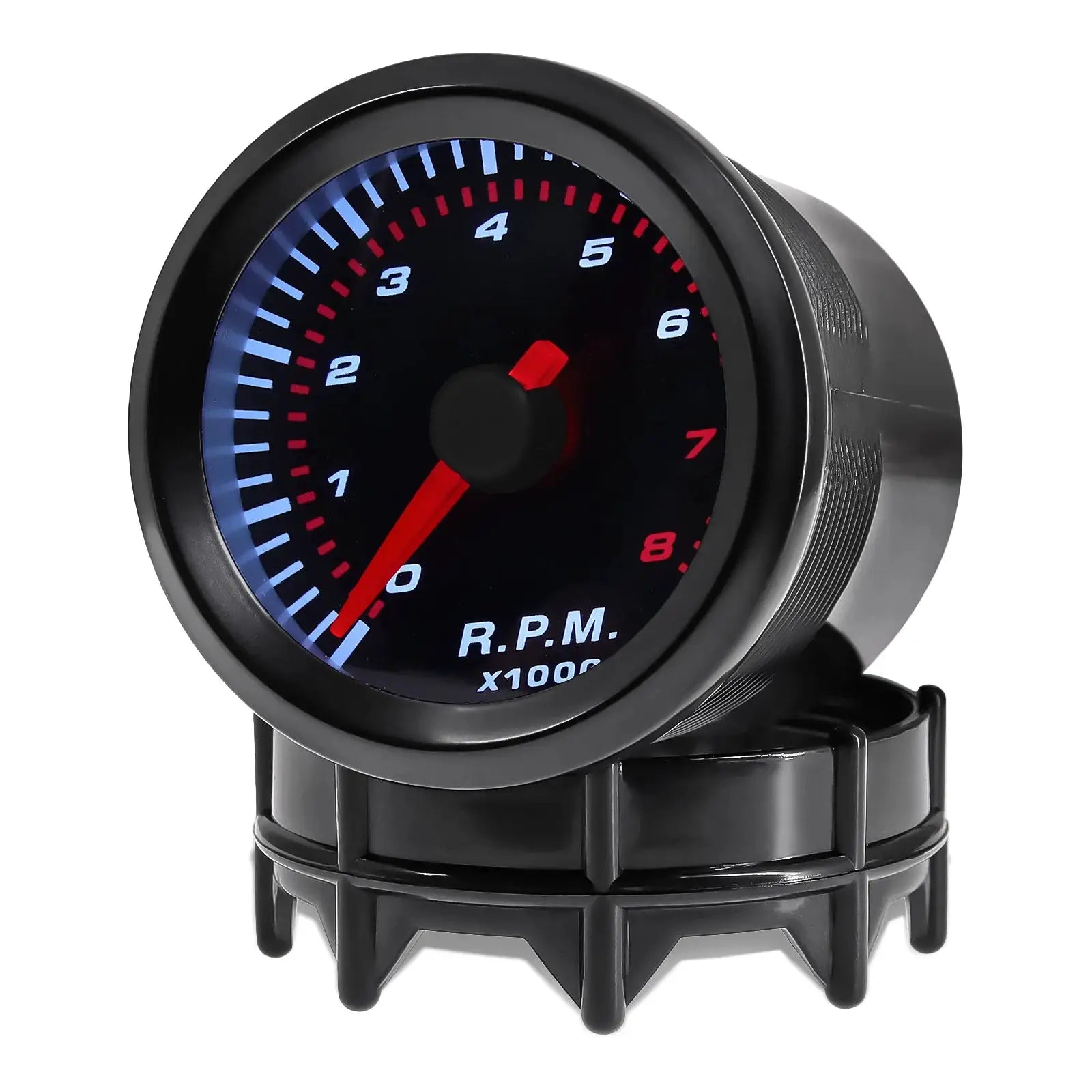 52mm tachometer gauge with black dial, white numerals, blue arc, red needle and RPM x1000 label