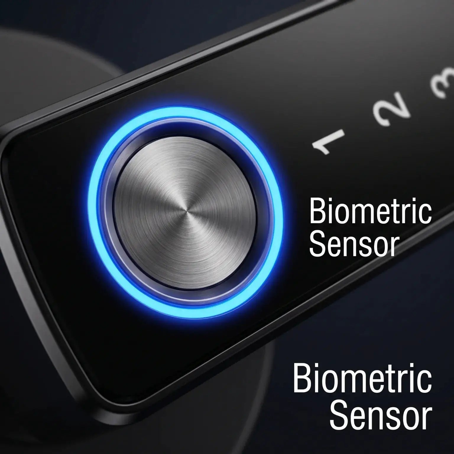 Tuya Bluetooth Smart Door Lock with biometric sensor, blue LED ring, brushed metal knob on black faceplate