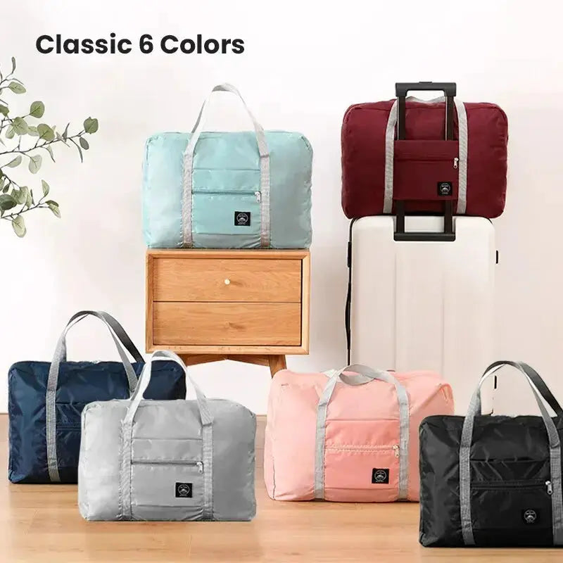 Foldable travel duffel bag set by Simples Market in six colors; lightweight carry-on bags for women.