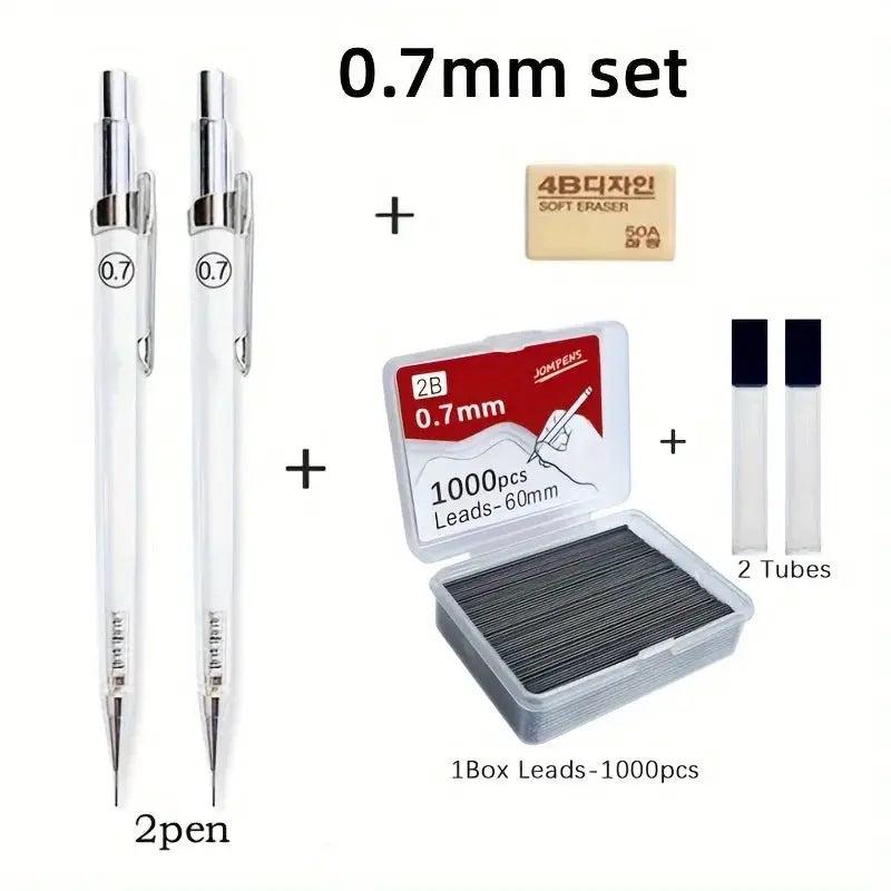 Transparent mechanical pencils set with two 0.7mm pencils, 1,000 leads box, and two refill tubes