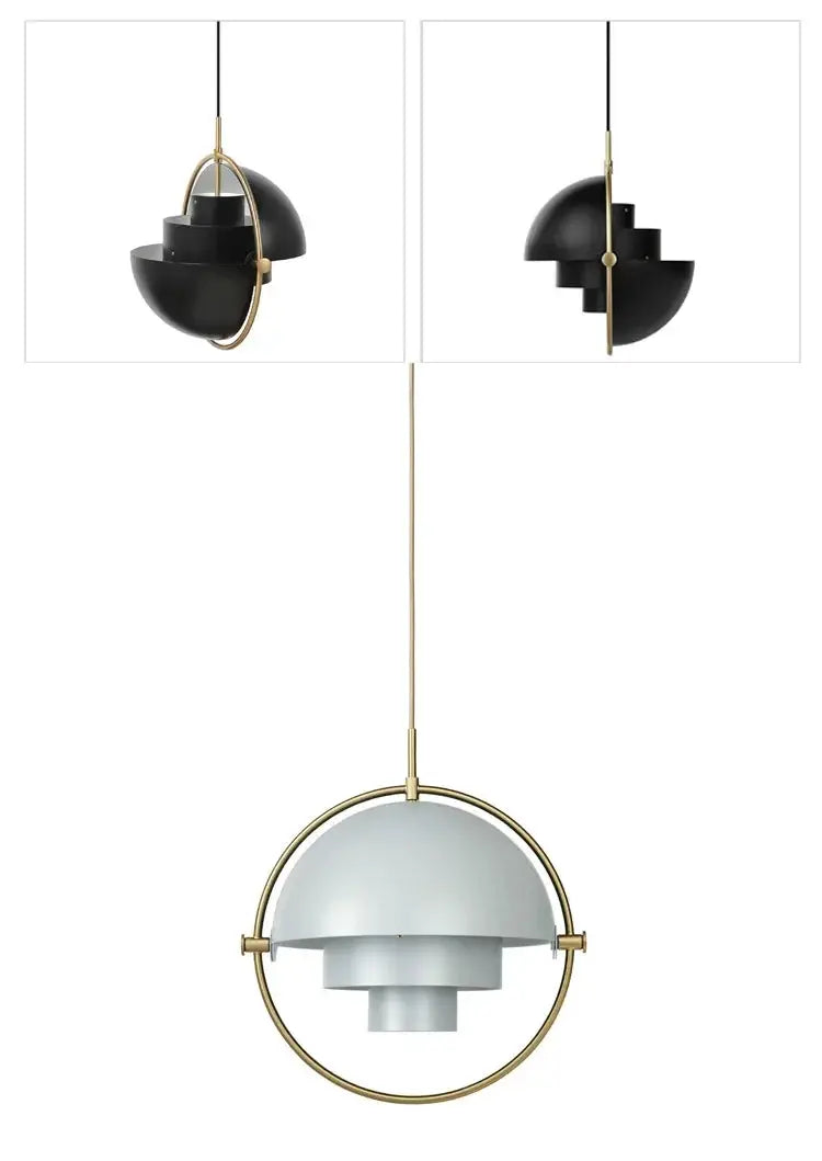 Pendant light by Simples Market with a gold-finish iron frame and layered white shade; 3-view kitchen island display