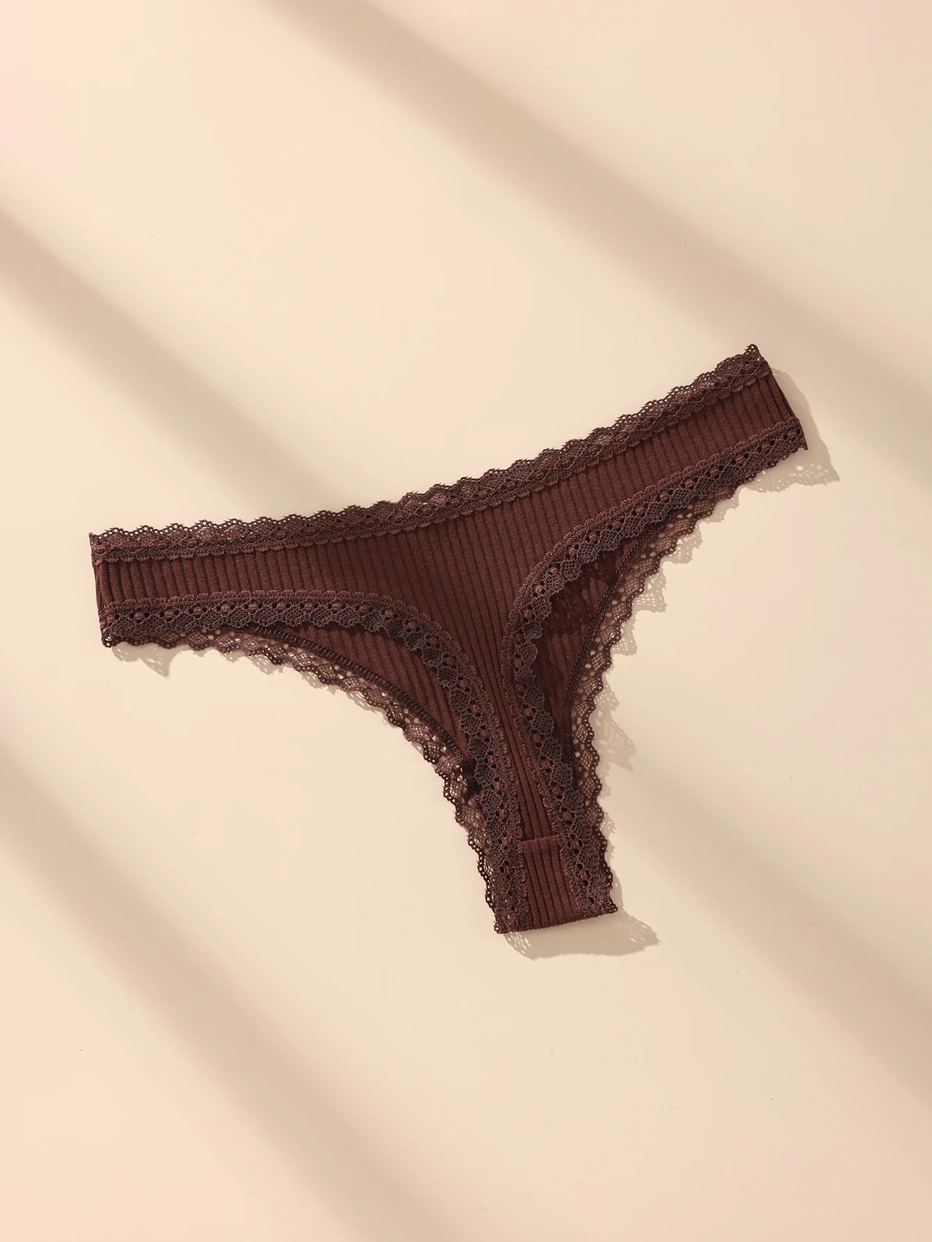 Thong underwear for women in burgundy lace-trimmed ribbed cotton