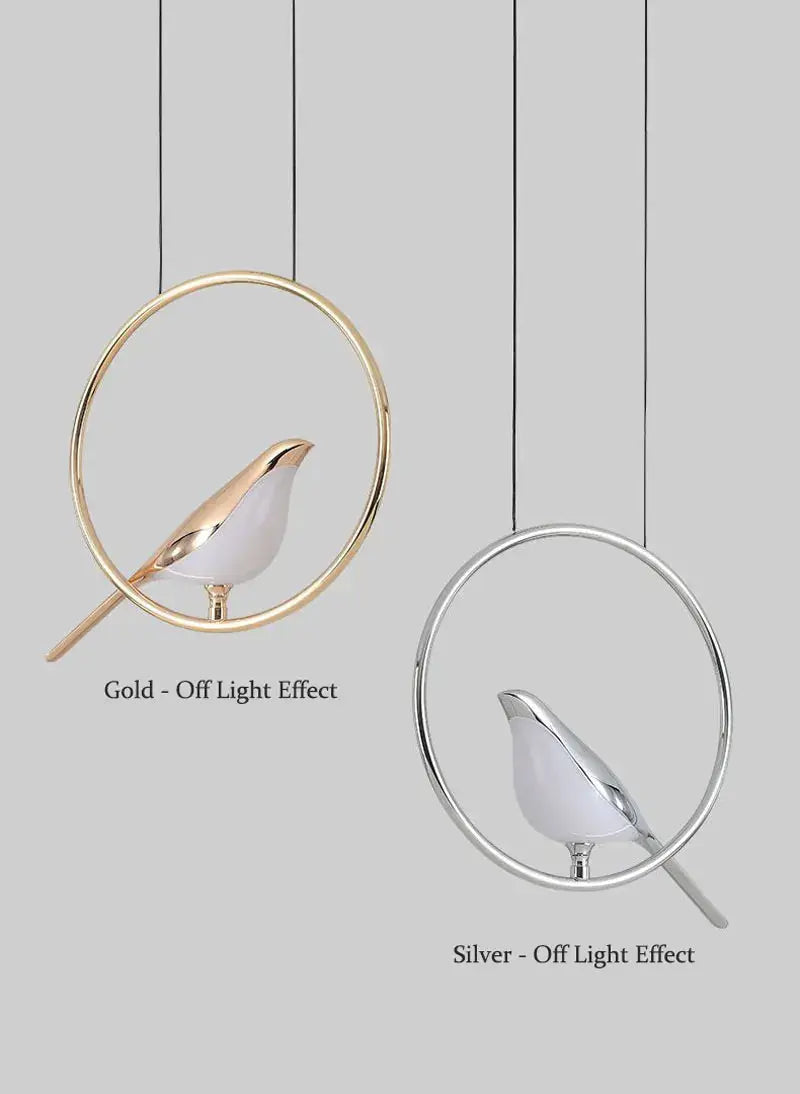Rotatable magpie bird LED pendant lights, 2 finishes: gold and silver, for bedroom decor