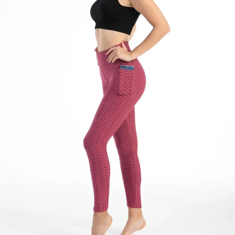 Women's pocket bubble leggings by Simples Market, pink high-waist, stretchy with side phone pocket.