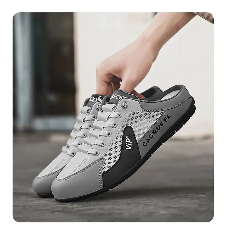 Simples Market 2025 men's casual slip-ons sneakers in grey with breathable mesh panels and black outsole, pair.