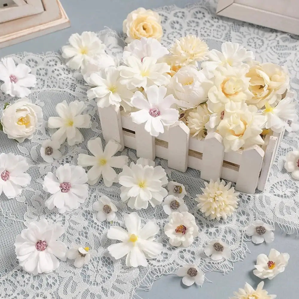 Simples Market 20Pcs white and pale-yellow silk rose artificial flowers, 4 cm, for home decor, wedding and DIY crafts