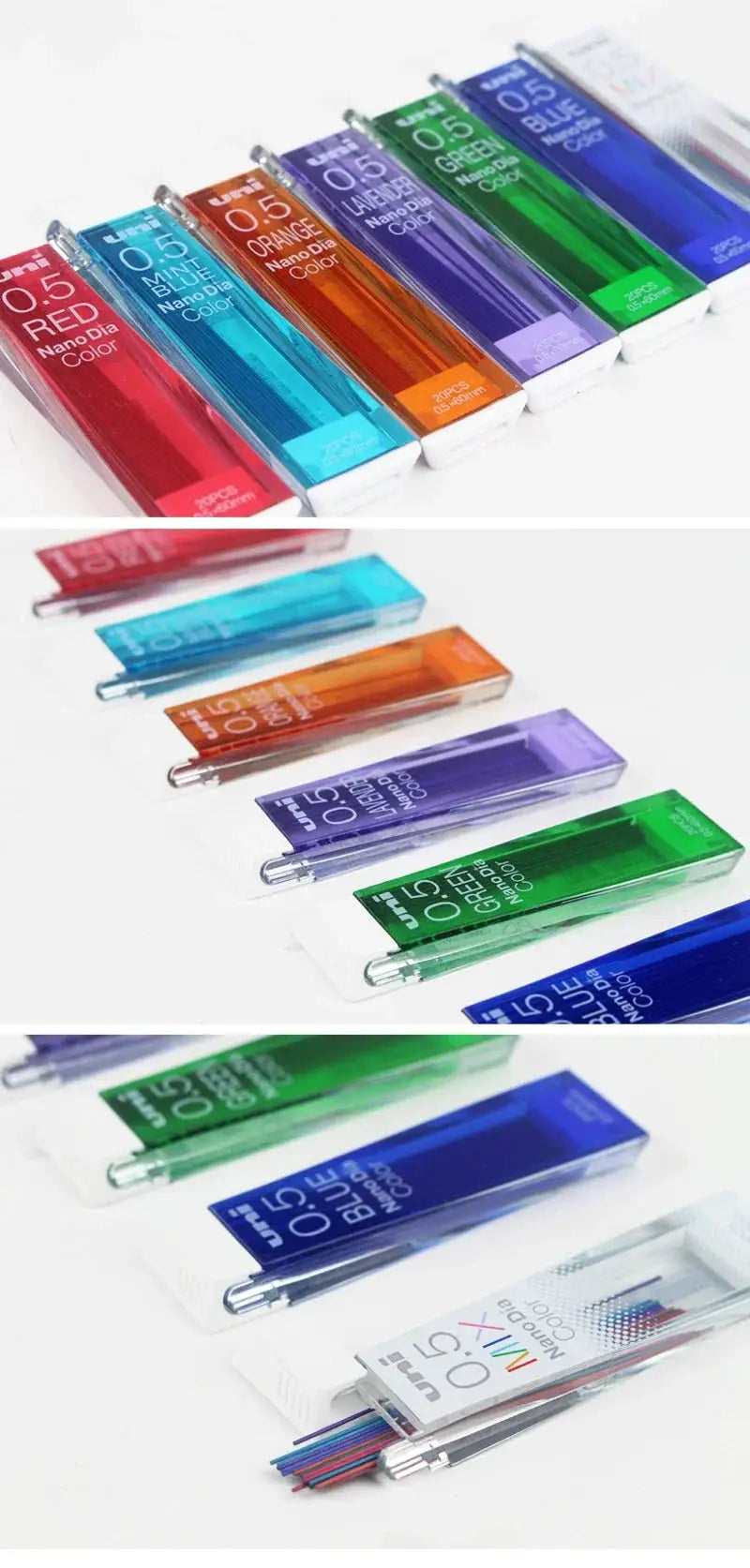 Uni Nano Dia Color 0.5mm pencil lead refills, 8-color assortment in transparent tubes