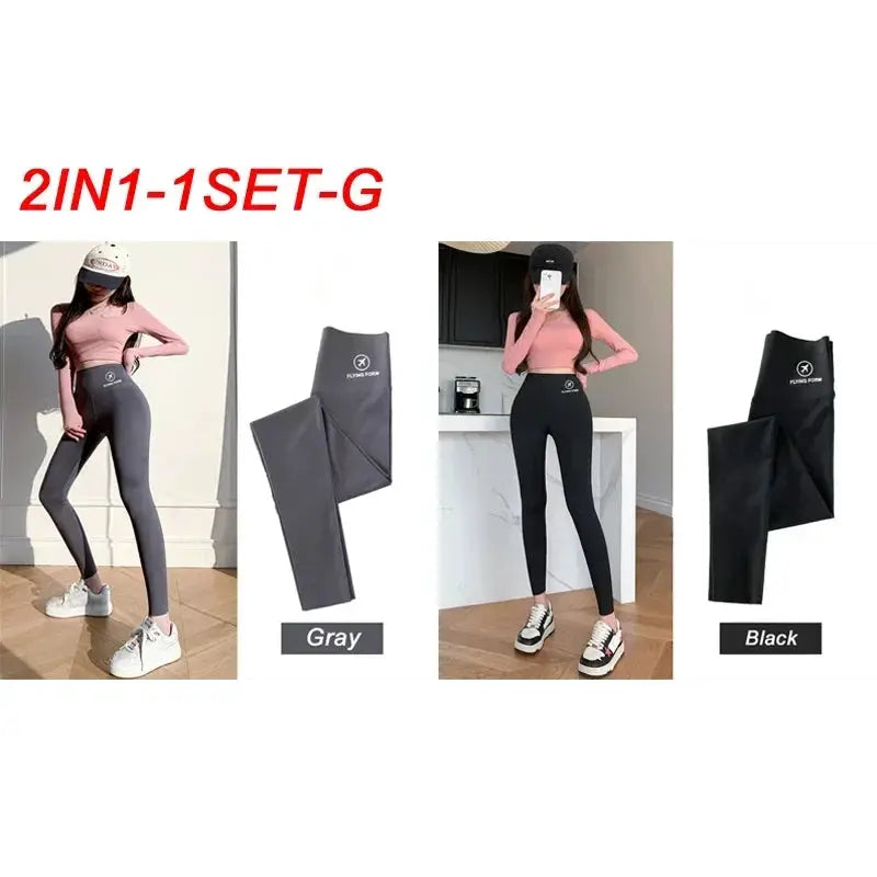Simples Market M-XL Shark Pants Women yoga tights 2-in-1 set in gray and black; high-waisted belly-lift leggings