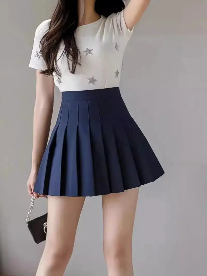 Pleated Mini Skirt With Shorts For Women High Waist A Line Skater Skort White Black Pink Sporty School Uniform