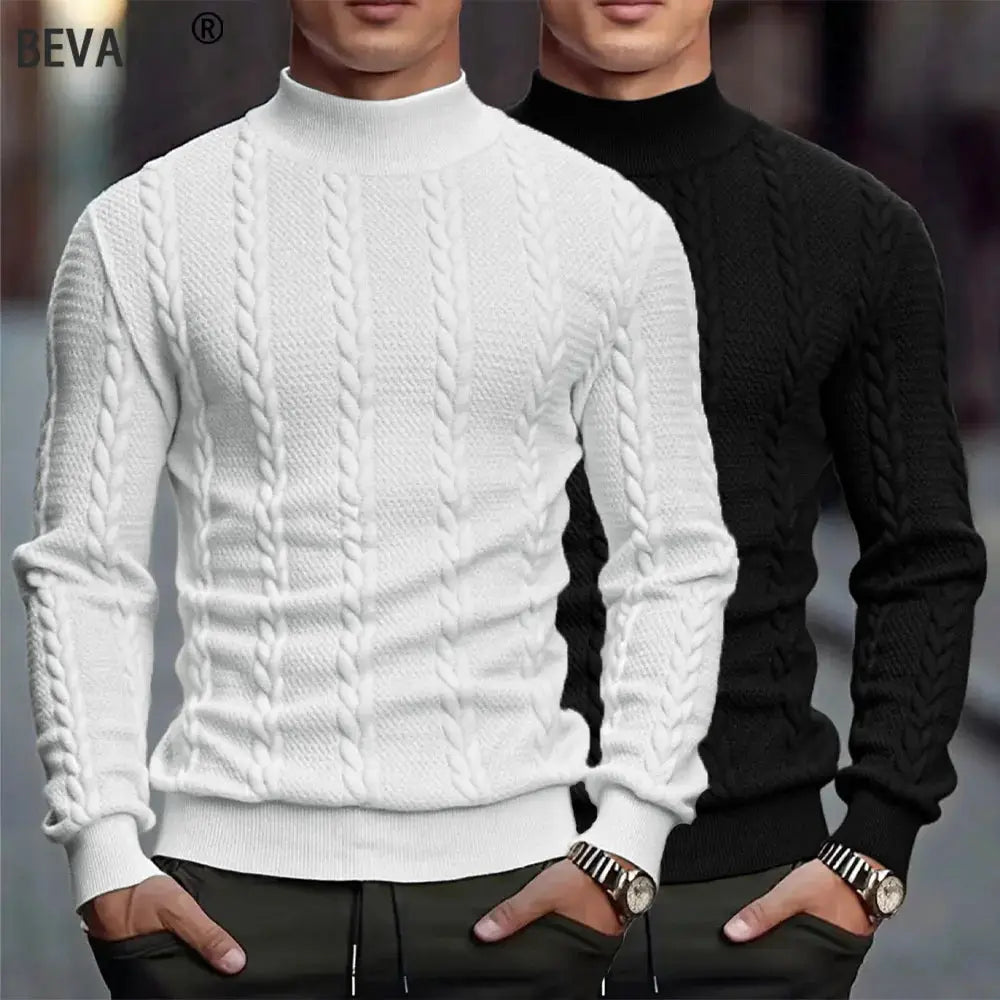 Mens Knitted High Collar Sweater Casual Vintage Twist Knitwear Winter Warm Slim Fit Tops