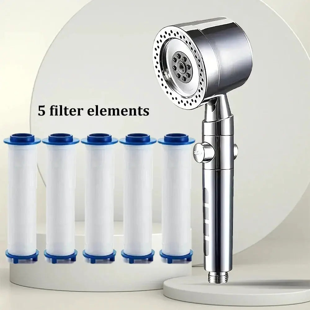 Chrome handheld shower head with five filter elements and blue-capped cartridges.