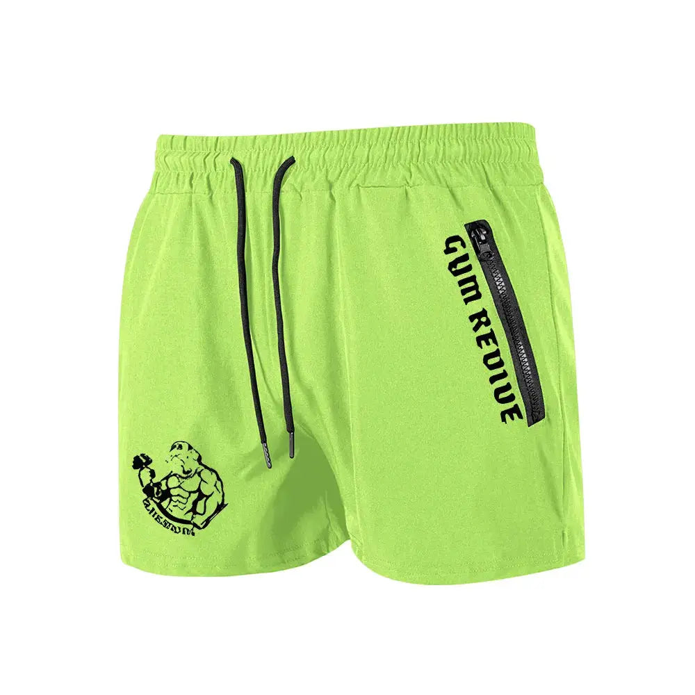 Men's neon lime shorts with black drawstring and right-side vertical zip pocket.