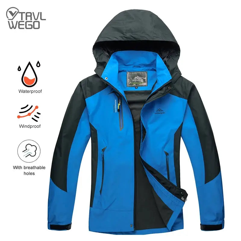 TRVLWEGO men's outdoor jacket in blue and black, waterproof windbreaker with hood