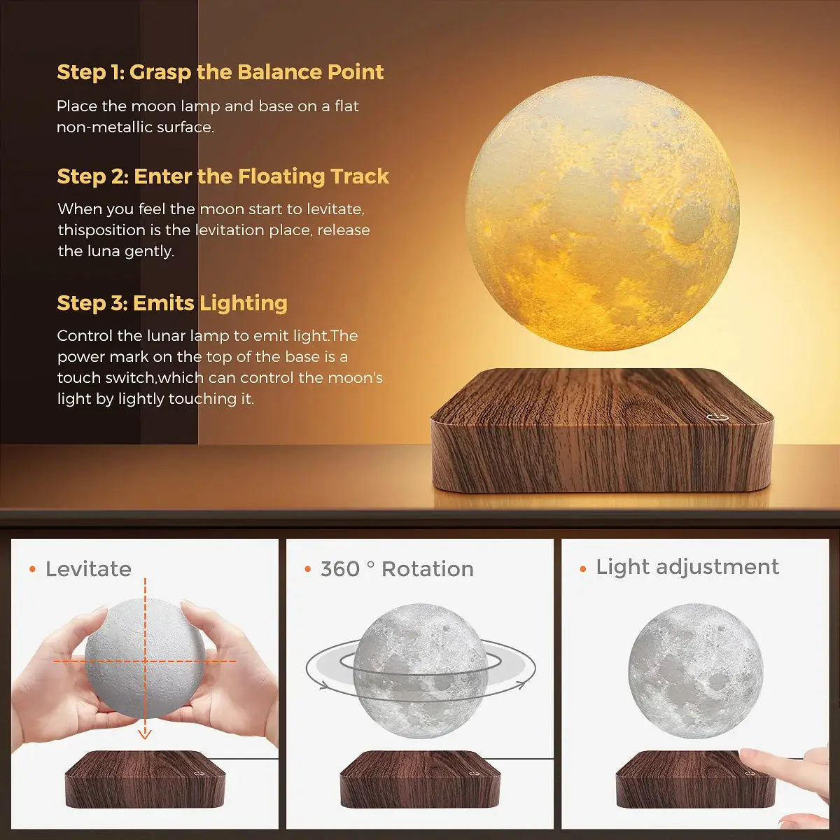 Magnetic floating moon lamp on wooden base by Simples Market with 3-color-temperature LED night light