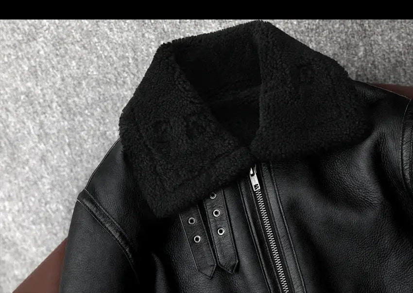 Simples Market men's black leather fur jacket with thick shearling collar and zip