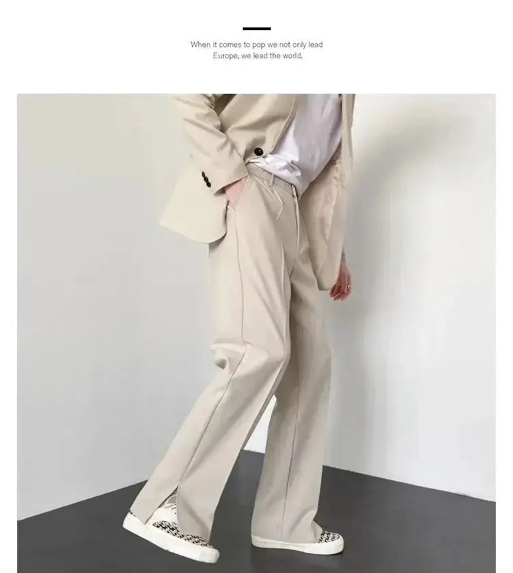 Men's straight baggy casual pants in khaki beige, wide-leg fit with side pockets.