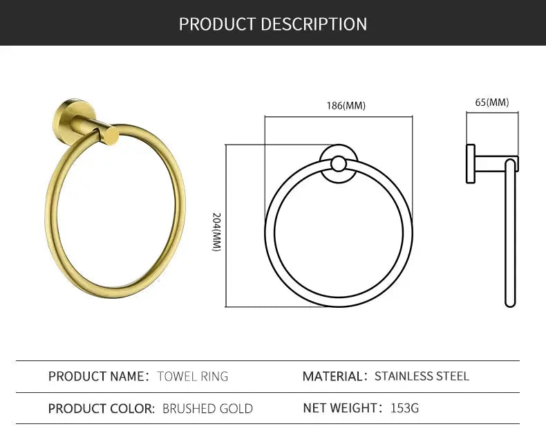 Towel ring in brushed gold, stainless steel wall-mount bathroom hardware by Simples Market