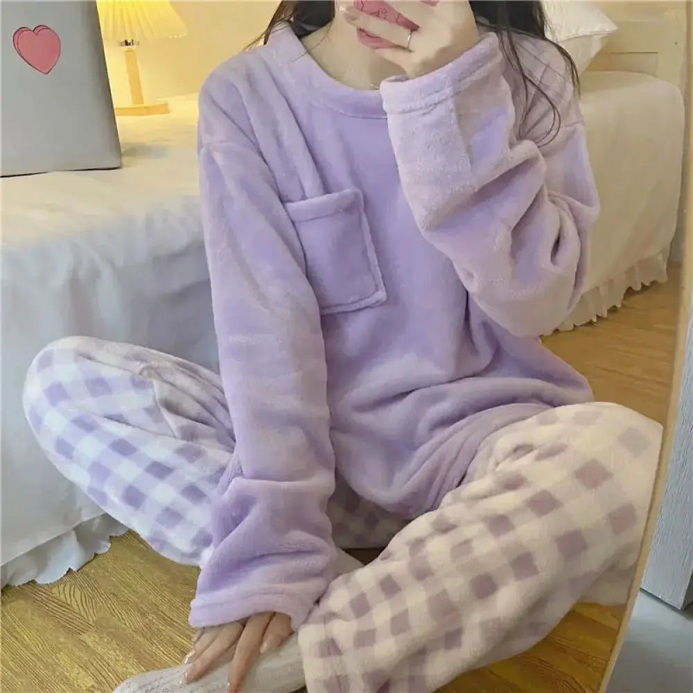 CozyNest Fleece Thick Warm Womens Pajama Set With Solid Top And Plaid Ankle Length Pants