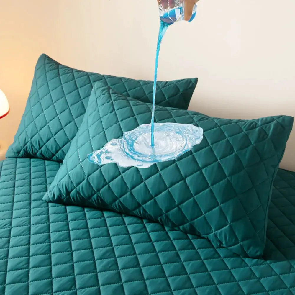 Two teal quilted cotton pillowcases, waterproof and anti-mite antibacterial, for bedroom decor