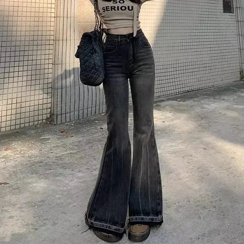 Women High Waist Vintage Flare Jeans Bell Bottom Denim Trousers