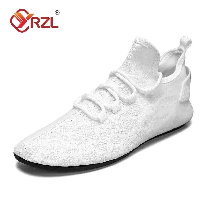 YRZL men's mesh loafers driving moccasin, white breathable knit upper with black sole