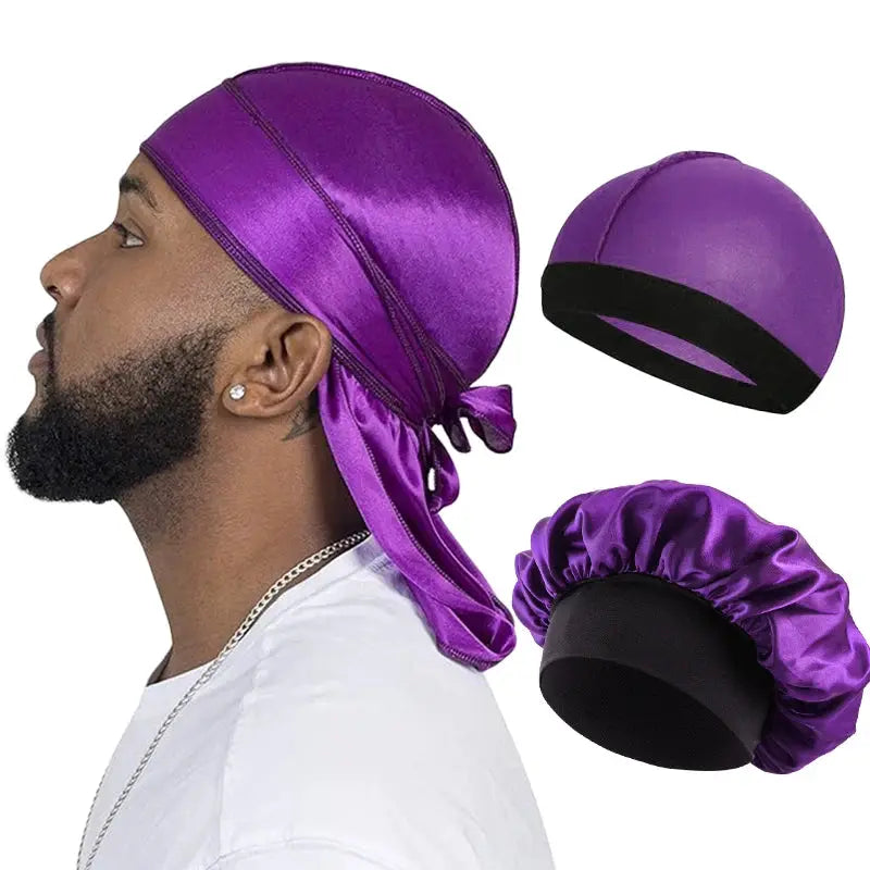 3 Pack Mens Silky Satin Durag Long Tail Pirate Hat Wave Cap Unisex Wig Cap Turban Bonnet Set